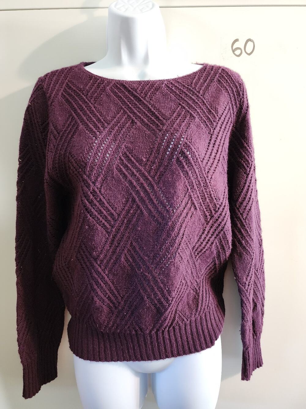 Vintage John Meyer Purple Women Knit Geometric Lattice Crewneck Pullover Sweater